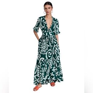 Busayo Tomi V-Neck High-Low Maxi Dress Green White Pattern Size Medium NWT